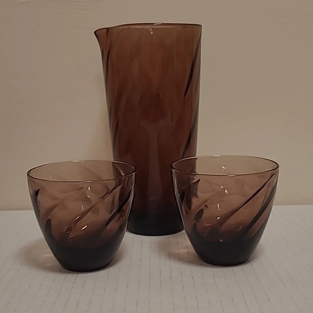 Vintage Amethyst Cocktail Pitcher with 2 Cocktail Glasses